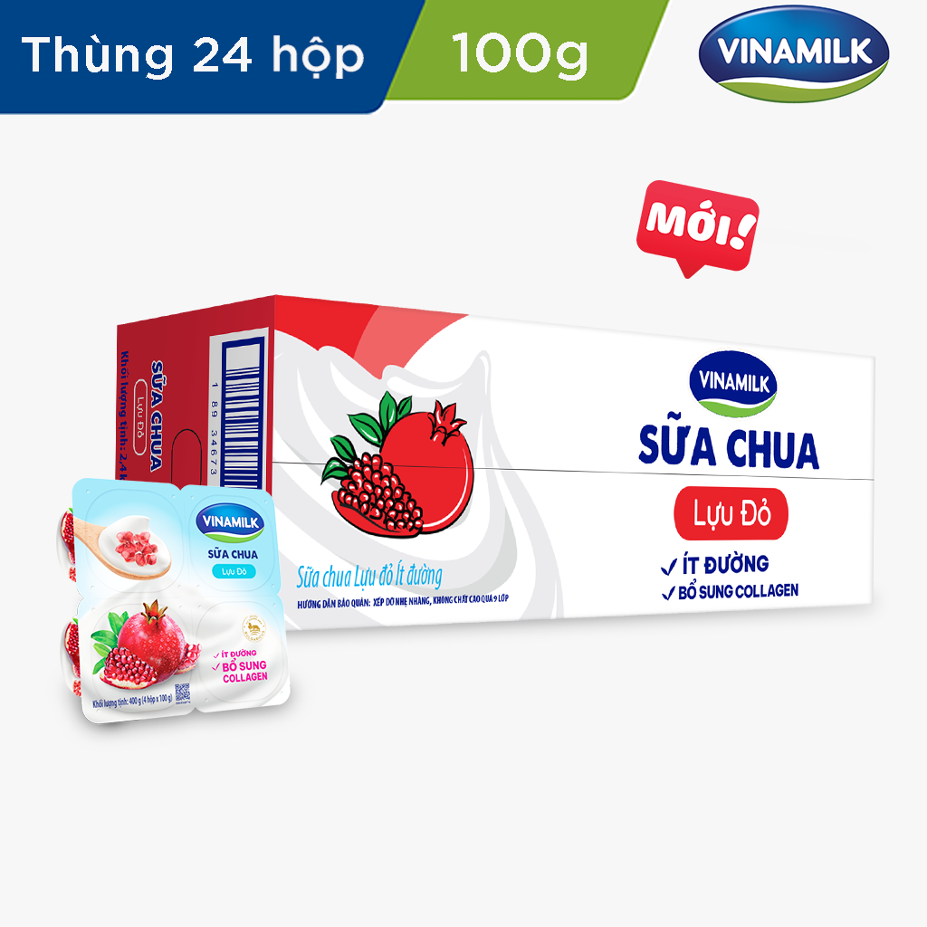 Thùng 24 hộp Sữa chua ăn Vinamilk vị lựu đỏ Ít Đường - Hộp 100g