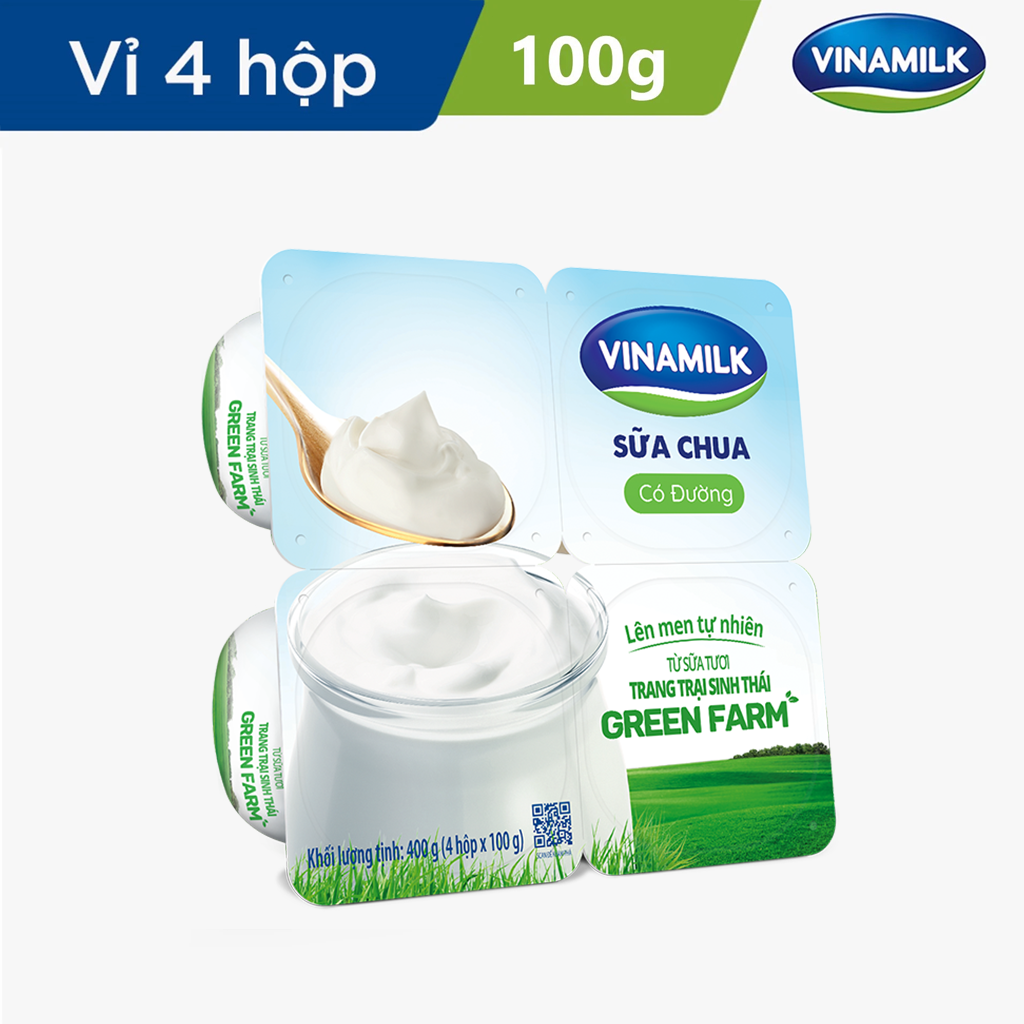 Sữa chua ăn Vinamilk Green Farm Có Đường - Vỉ 4 hộp 100gr