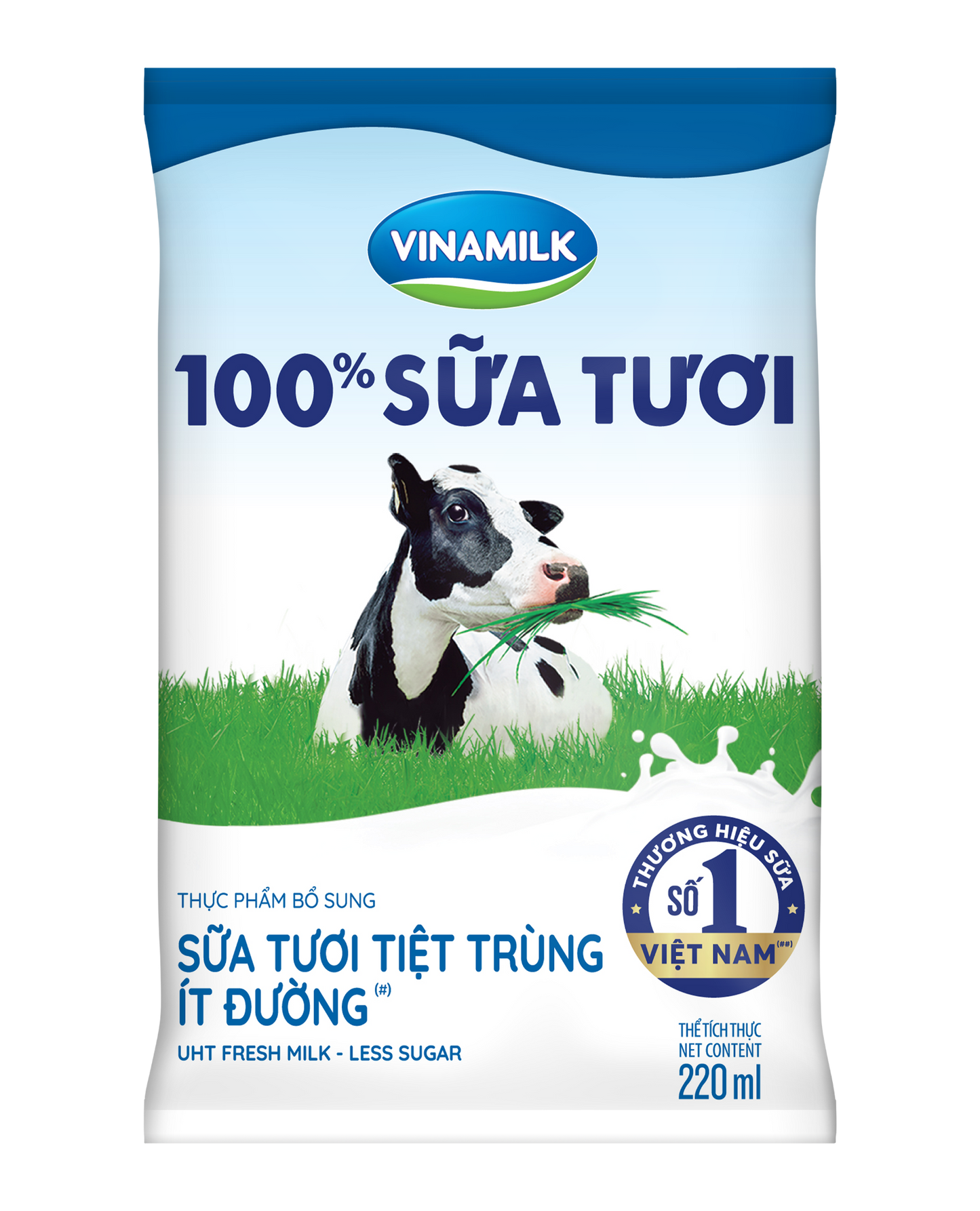 Sữa tươi tiệt trùng ít đường Vinamilk 100% Sữa tươi - Thùng 48 bịch x 220ml