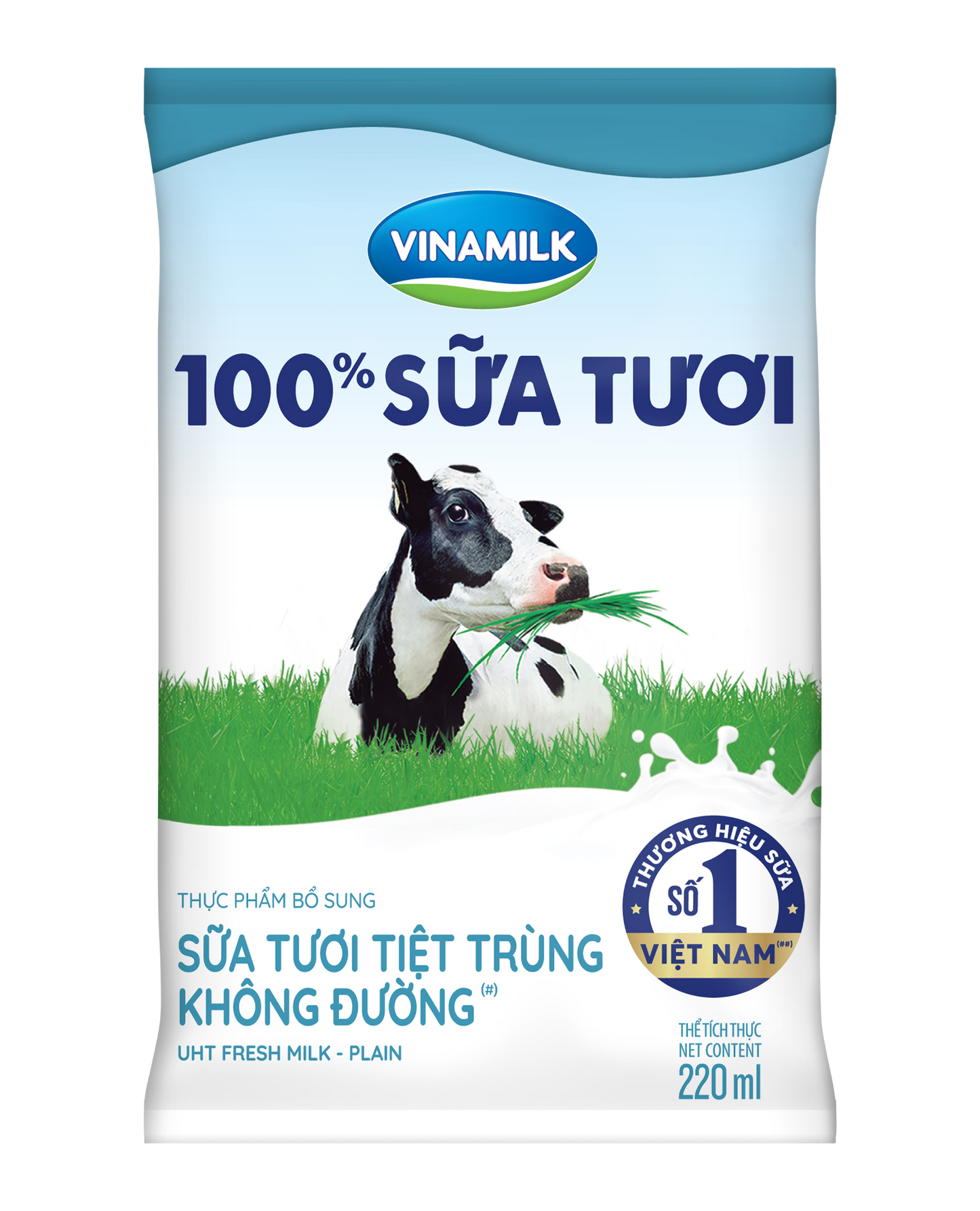 Sữa tươi tiệt trùng không đường Vinamilk 100% Sữa tươi - Thùng 48 bịch x 220ml