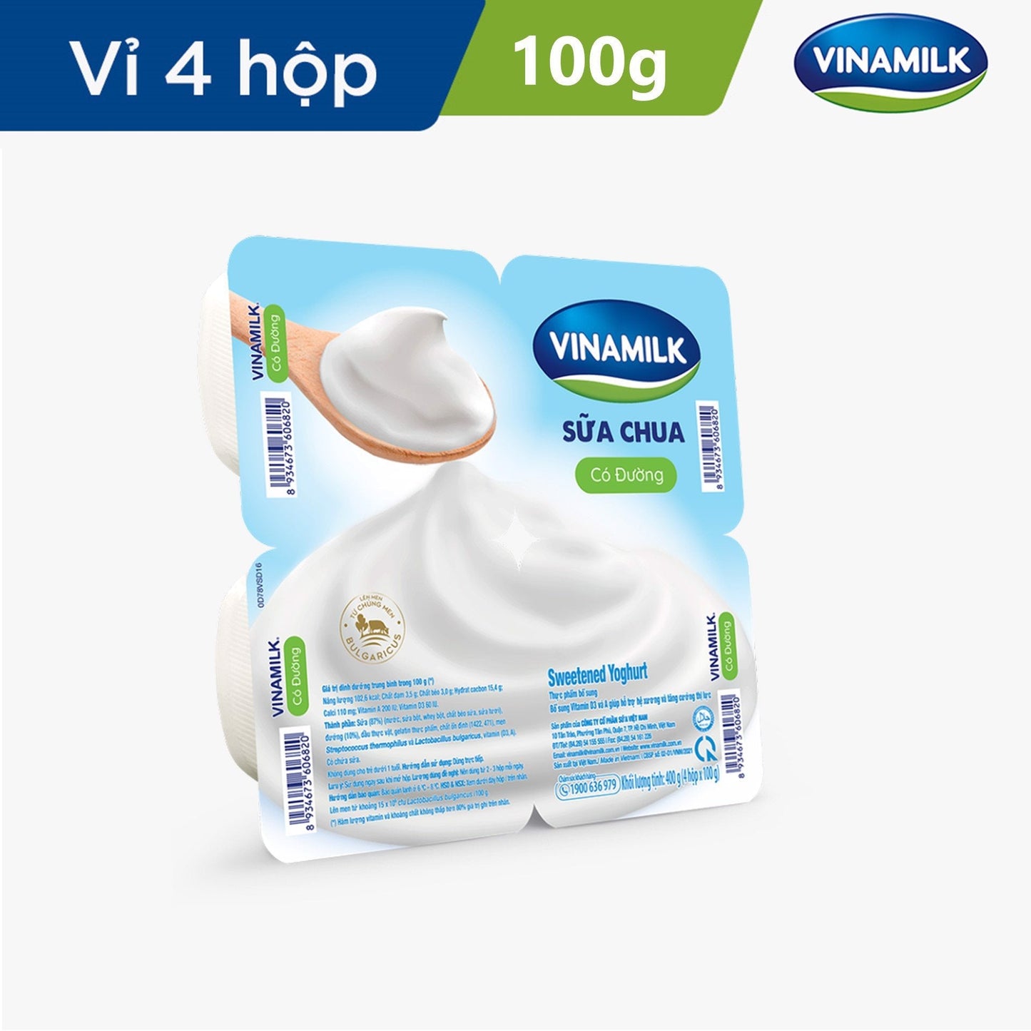 Sữa chua ăn Vinamilk có đường - Vỉ 4 hộp x 100g