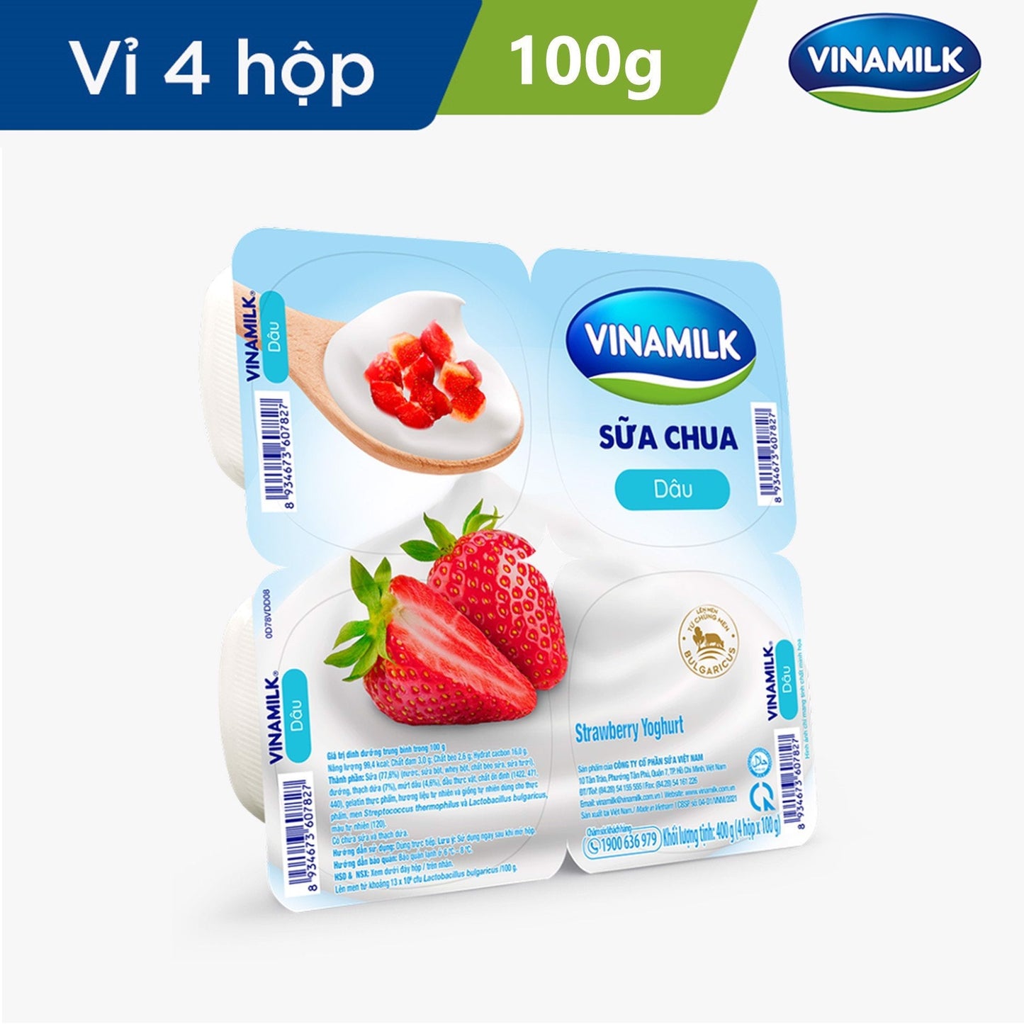 Sữa chua ăn Vinamilk dâu - Vỉ 4 hộp x 100g