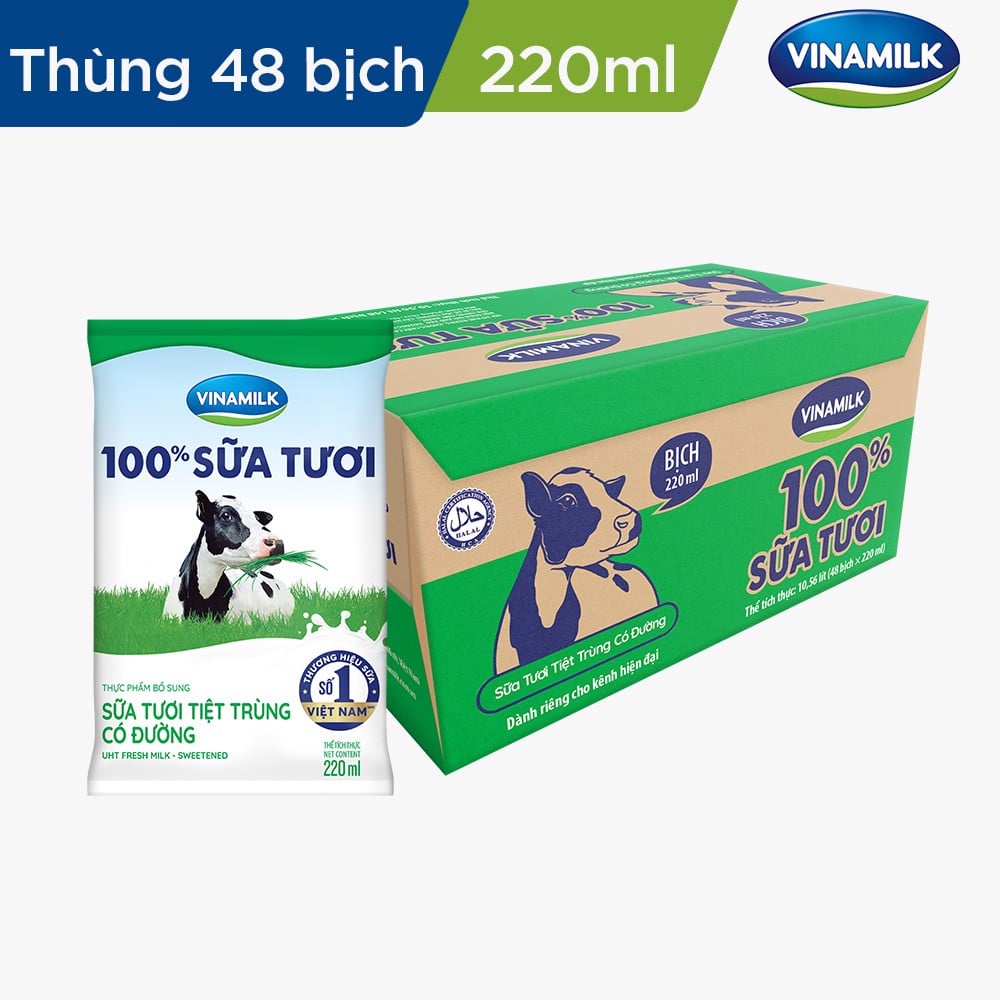 Sữa tươi tiệt trùng có đường Vinamilk 100% Sữa tươi - Thùng 48 bịch x 220ml