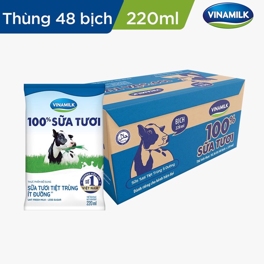 Sữa tươi tiệt trùng ít đường Vinamilk 100% Sữa tươi - Thùng 48 bịch x 220ml