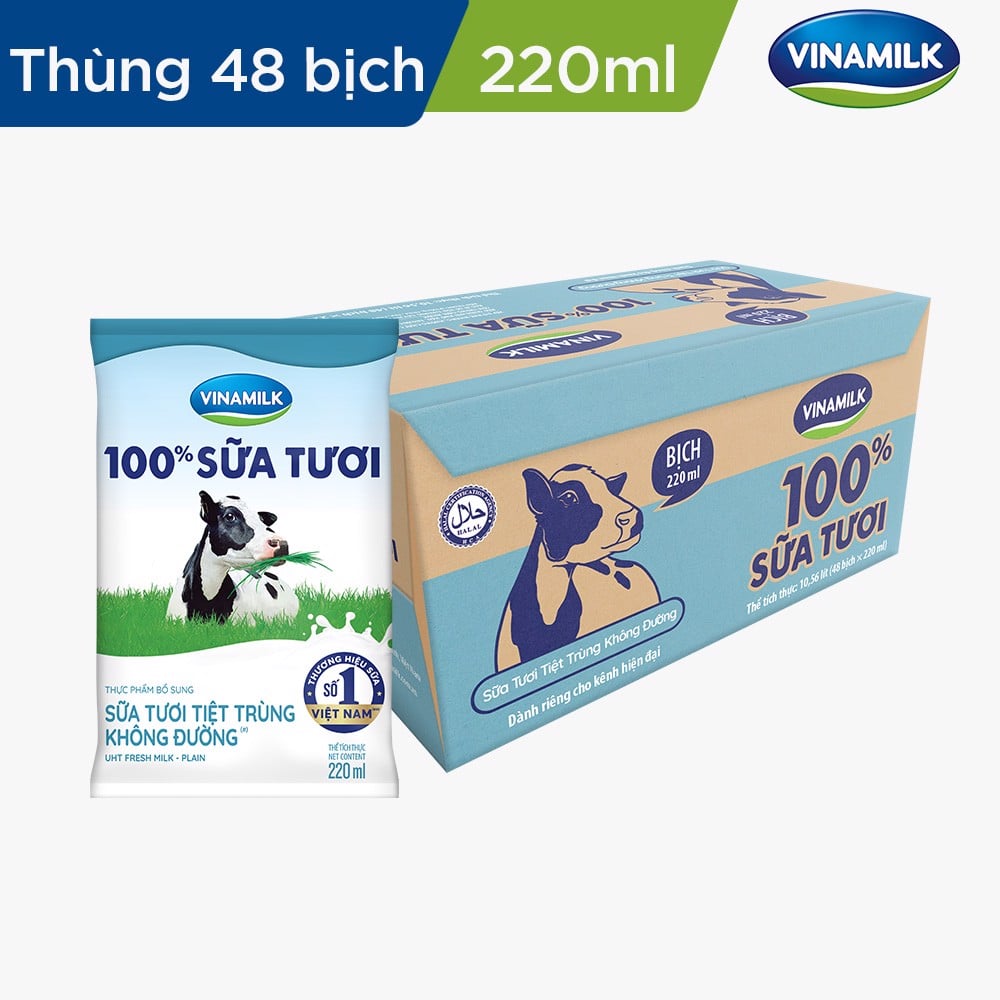 Sữa tươi tiệt trùng không đường Vinamilk 100% Sữa tươi - Thùng 48 bịch x 220ml