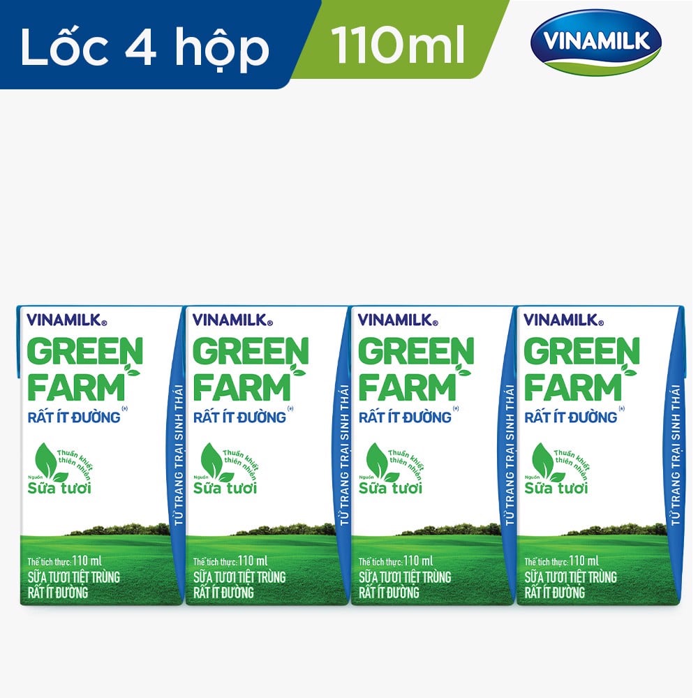 Sữa Tươi Tiệt Trùng Vinamilk Green Farm Rất ít đường - Lốc 4 hộp 110ml