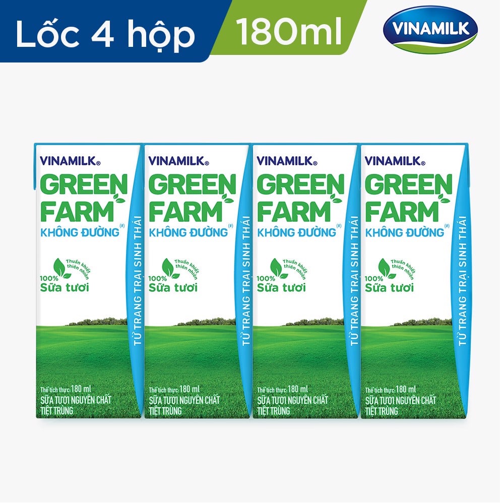 Sữa Tươi Tiệt Trùng Vinamilk Green Farm Không đường - Lốc 4 hộp 180ml