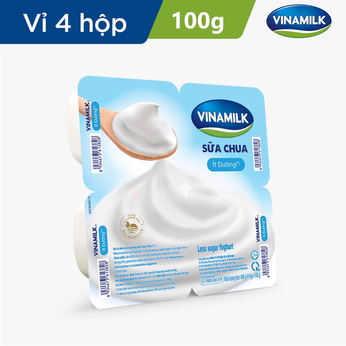 Sữa chua ăn Vinamilk Ít đường - Vỉ 4 hộp x 100g