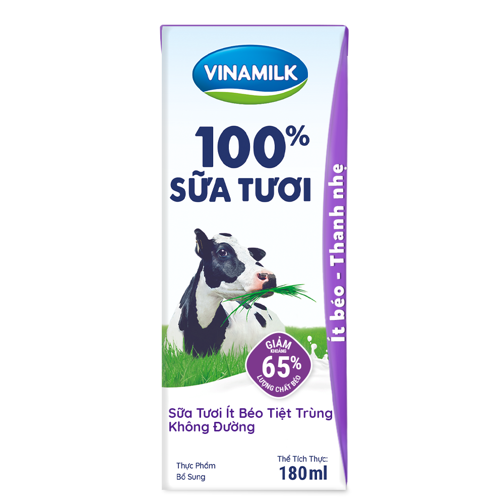 Sữa tươi tiệt trùng Vinamilk 100% tách béo không đường - Lốc 4 hộp 180ml