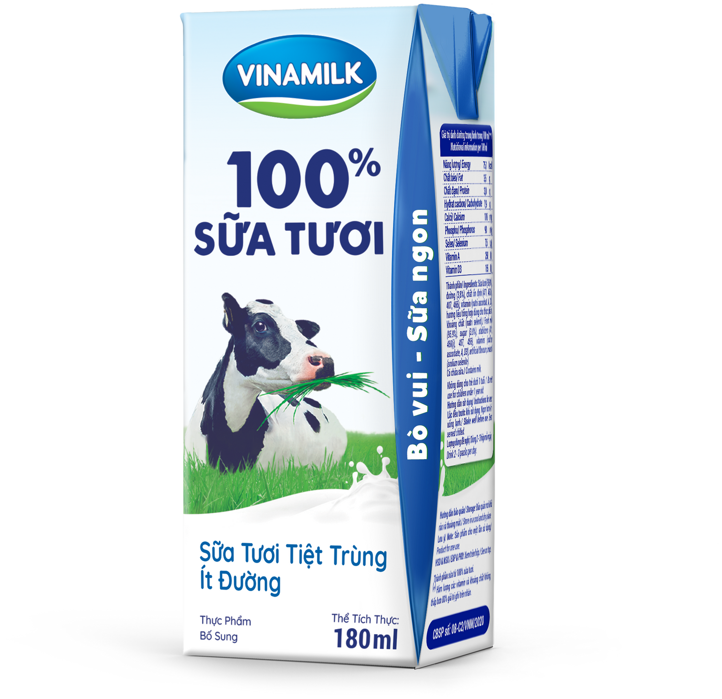 Sữa tươi tiệt trùng Vinamilk 100% ít đường - Lốc 4 hộp 180ml