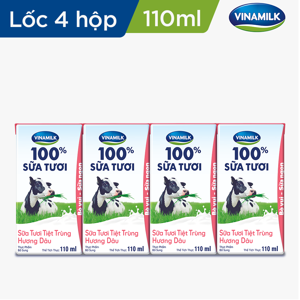 Sữa tươi tiệt trùng Vinamilk 100% hương dâu - Lốc 4 hộp 110ml