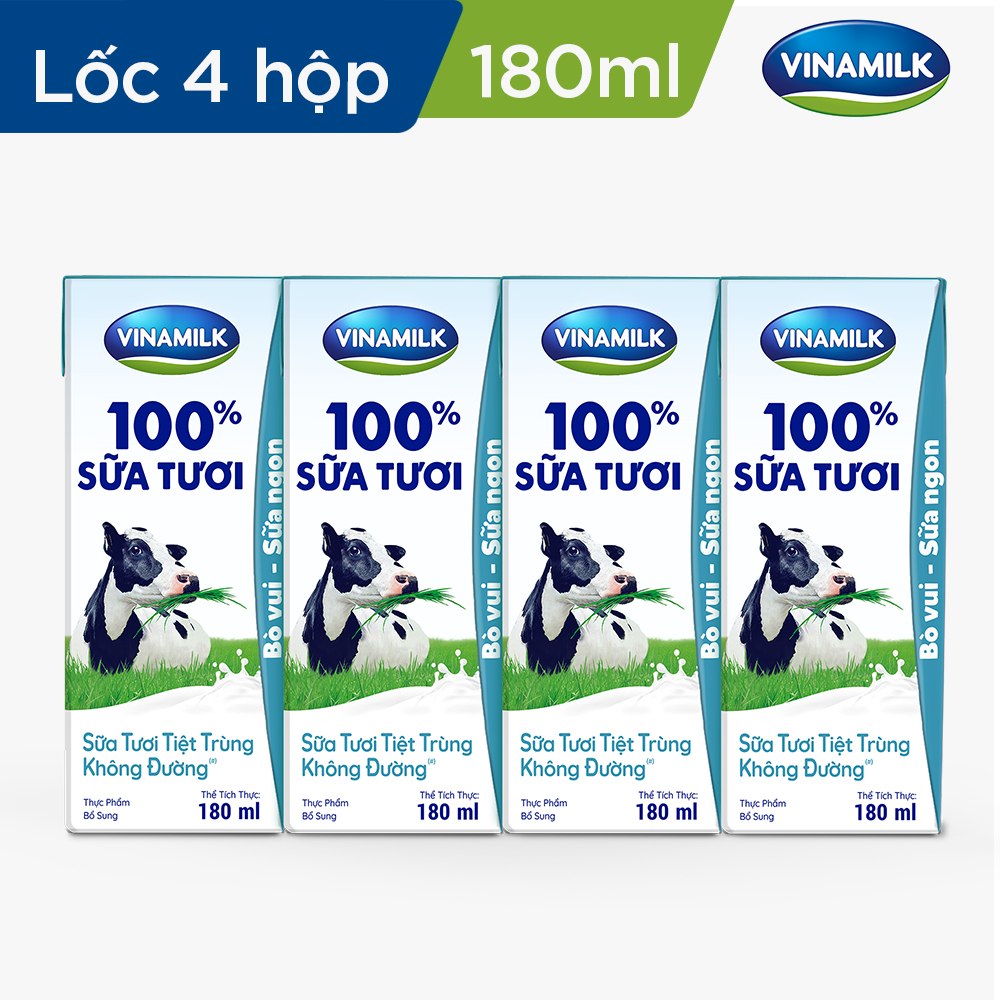 Sữa tươi tiệt trùng Vinamilk 100% không đường - Lốc 4 hộp 180ml