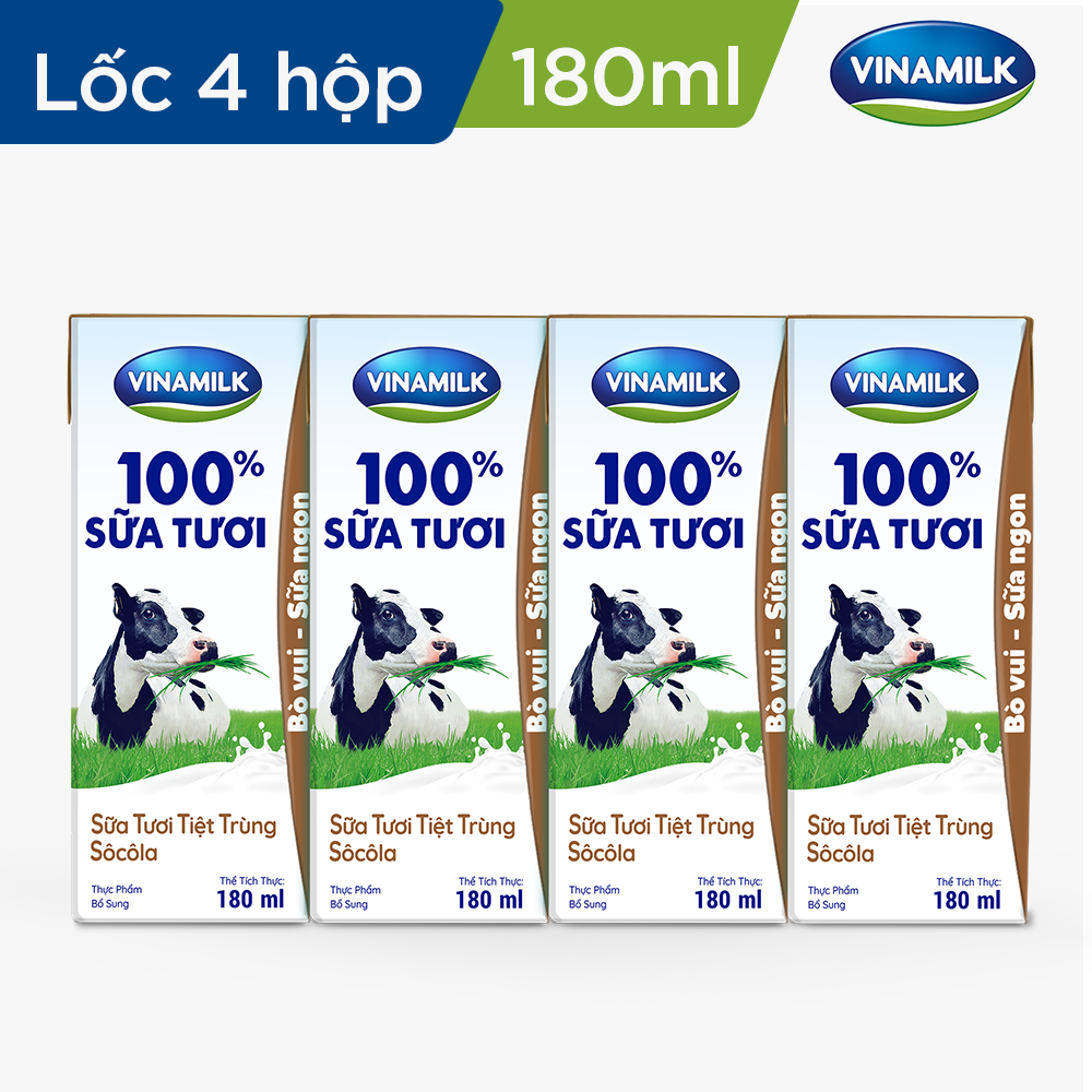 Sữa tươi tiệt trùng Vinamilk 100% Sôcôla - Lốc 4 hộp 180ml