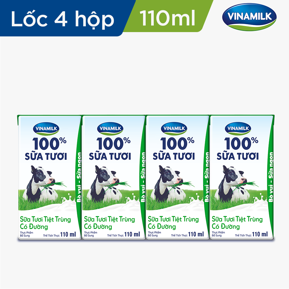 Sữa tươi tiệt trùng Vinamilk 100% có đường - Lốc 4 hộp 110ml