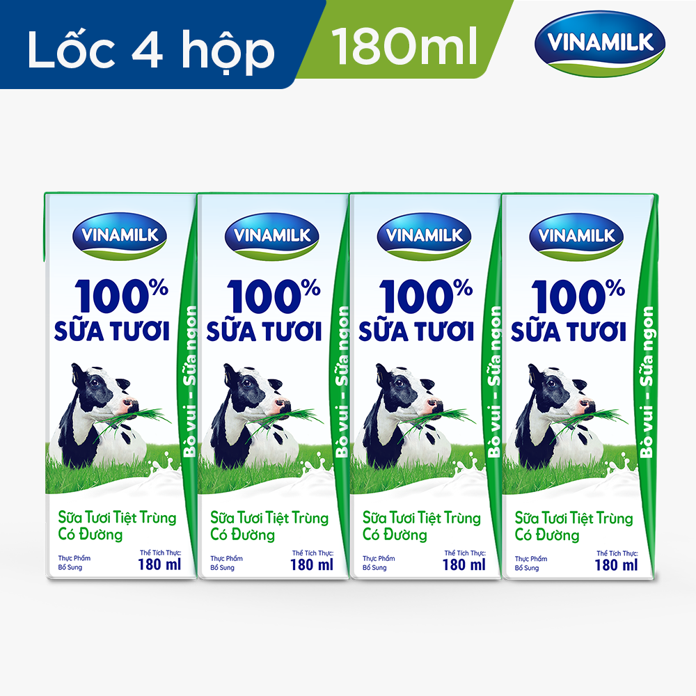 Sữa tươi tiệt trùng Vinamilk 100% có đường - Lốc 4 hộp 180ml