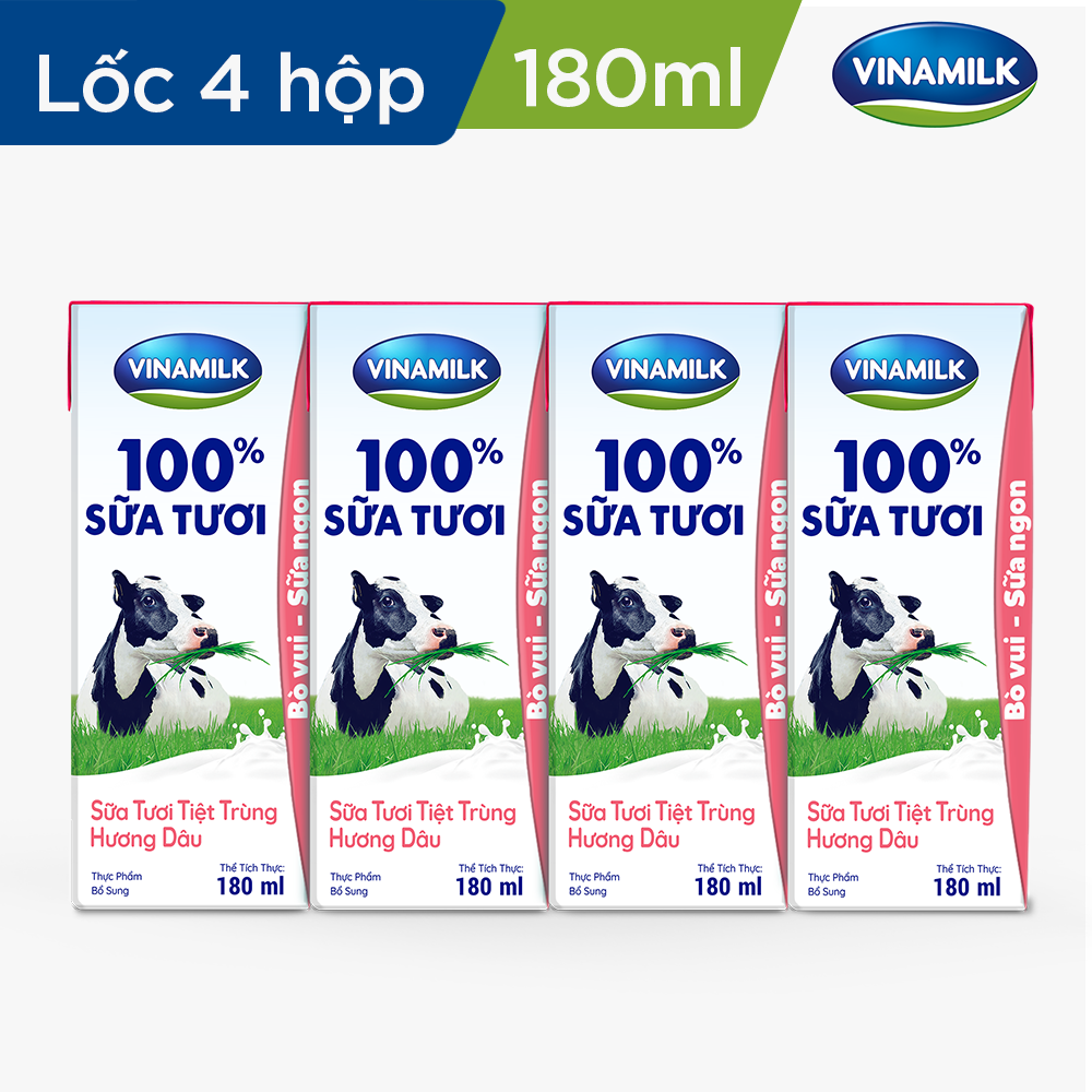 Sữa tươi tiệt trùng Vinamilk 100% hương dâu - Lốc 4 hộp 180ml