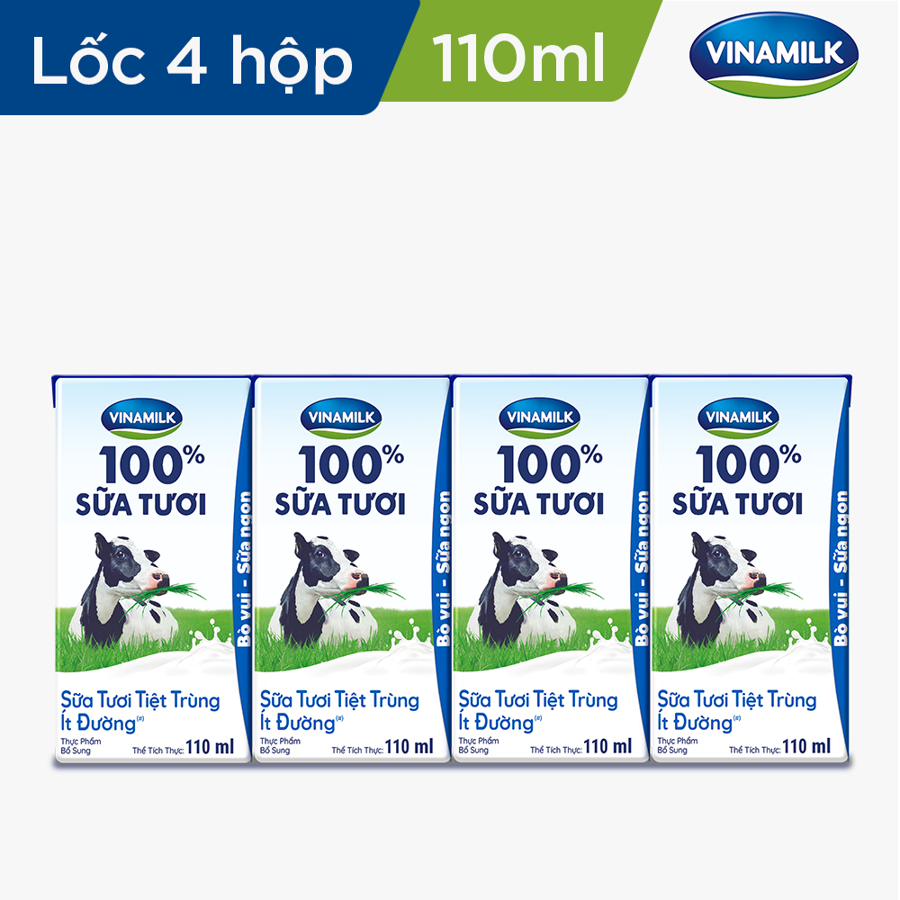 Sữa tươi tiệt trùng Vinamilk 100% Ít đường - Lốc 4 Hộp 110ml