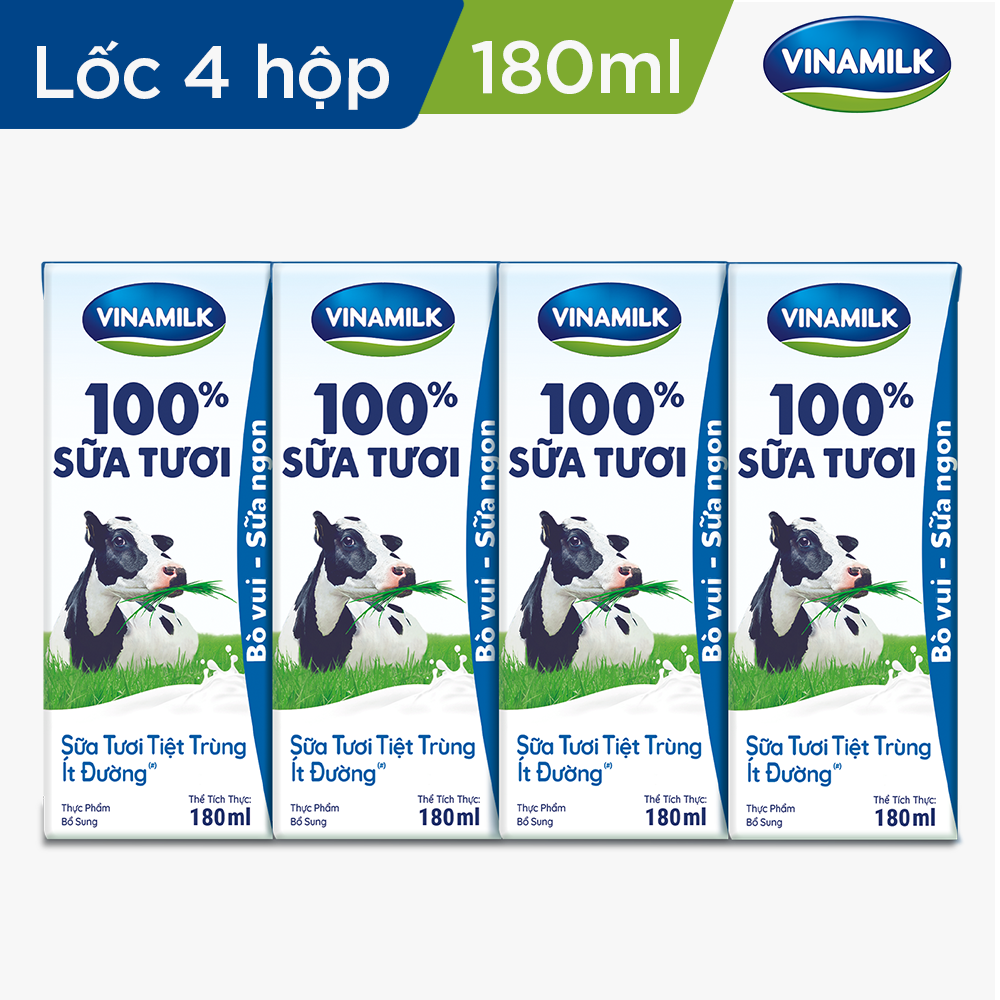 Sữa tươi tiệt trùng Vinamilk 100% ít đường - Lốc 4 hộp 180ml