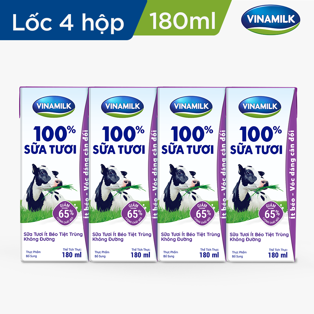 Sữa tươi tiệt trùng Vinamilk 100% tách béo không đường - Lốc 4 hộp 180ml