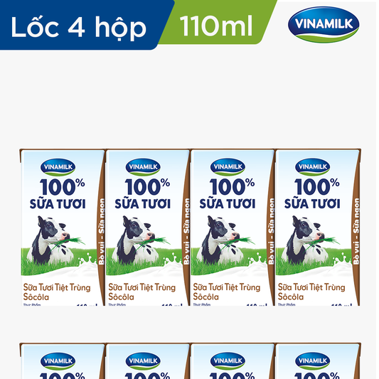 Sữa tươi tiệt trùng Vinamilk 100% Sôcôla - Lốc 4 hộp 110ml