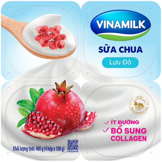 Sữa chua ăn Vinamilk vị lựu đỏ Ít Đường - Vỉ 4 hộp x 100g