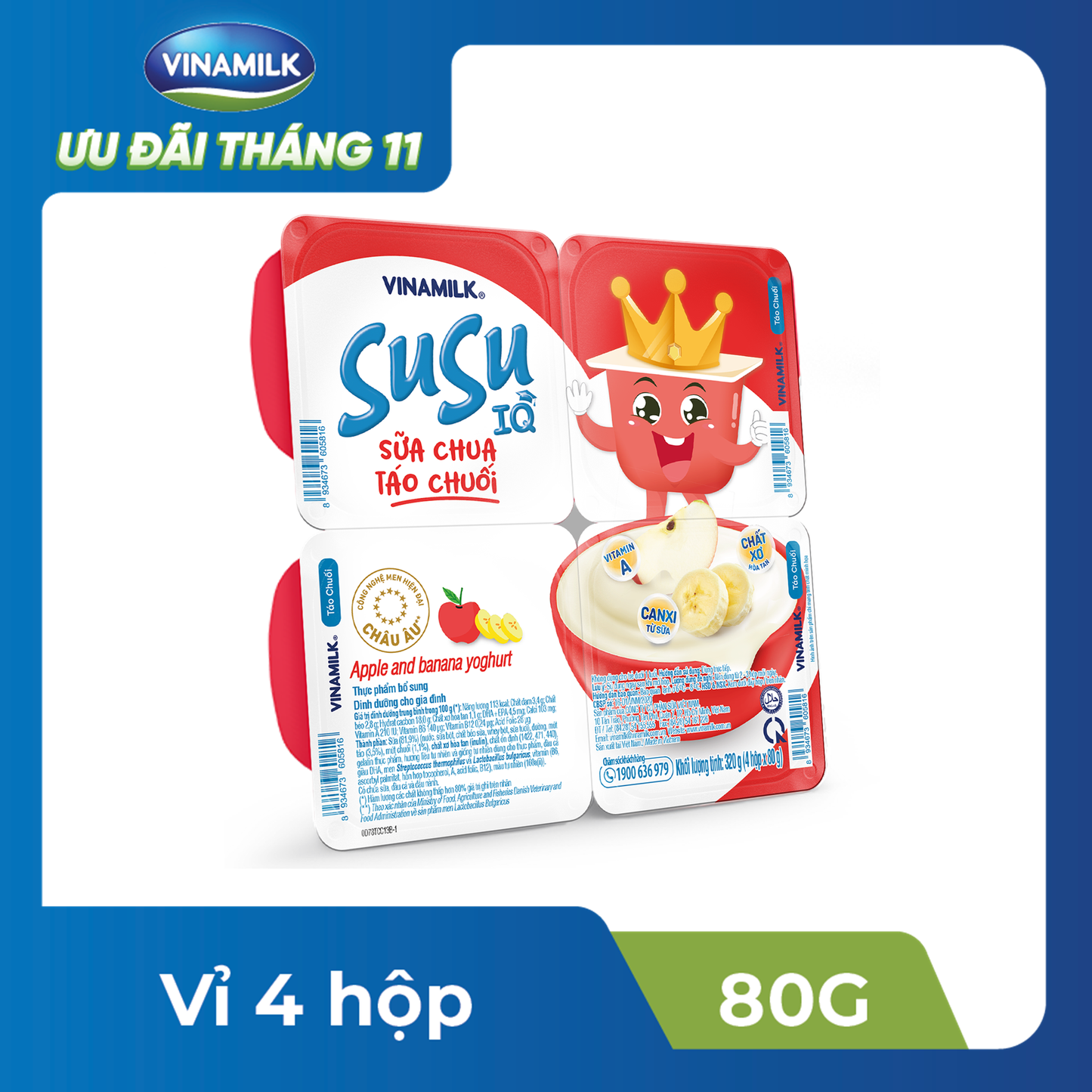 Sữa chua ăn SuSu IQ Táo Chuối - Vỉ 4 hộp x 80g