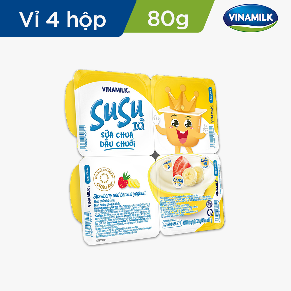 Sữa chua ăn SuSu IQ Dâu Chuối - Vỉ 4 hộp x 80g