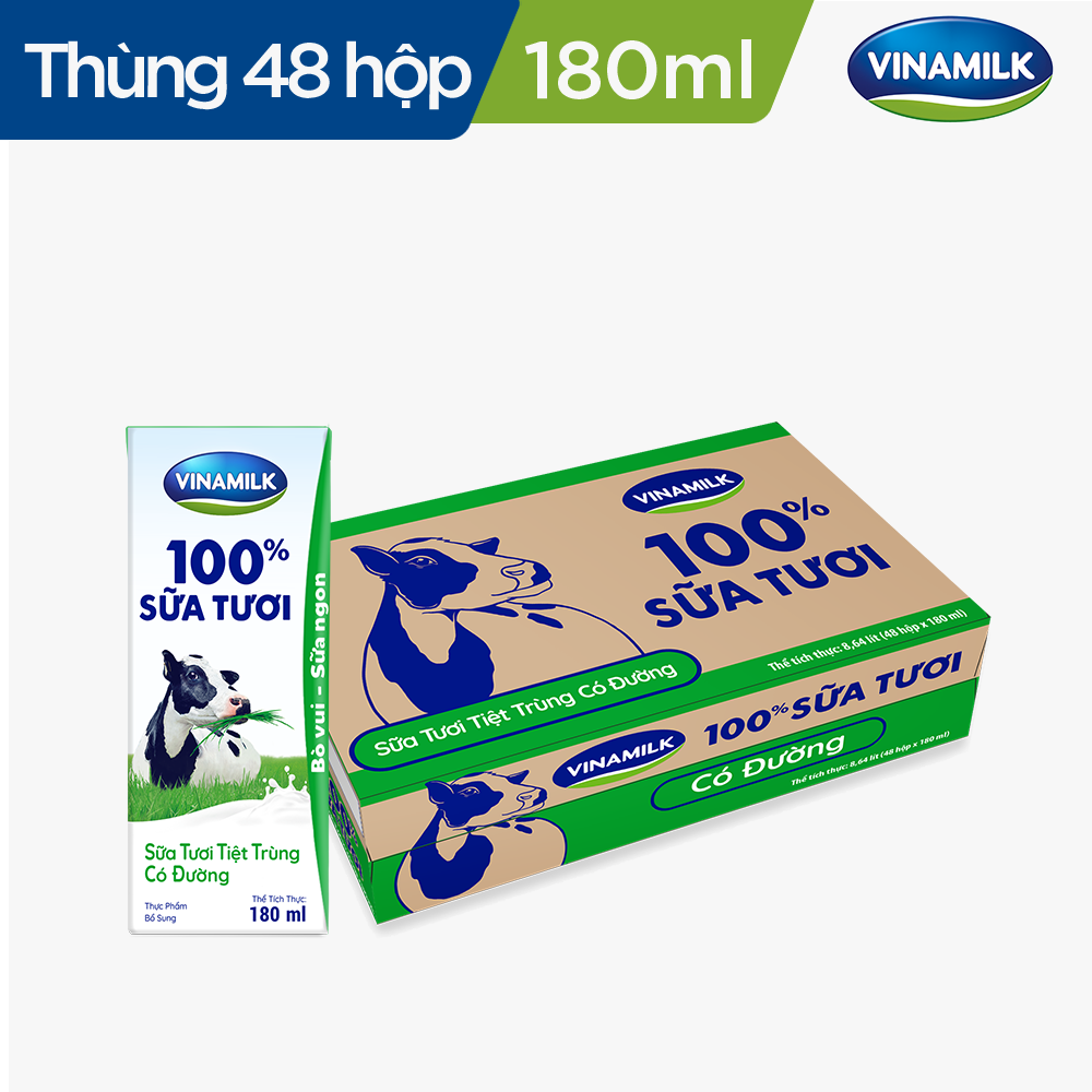 Sữa tươi tiệt trùng Vinamilk 100% có đường - Thùng 48 hộp 180ml