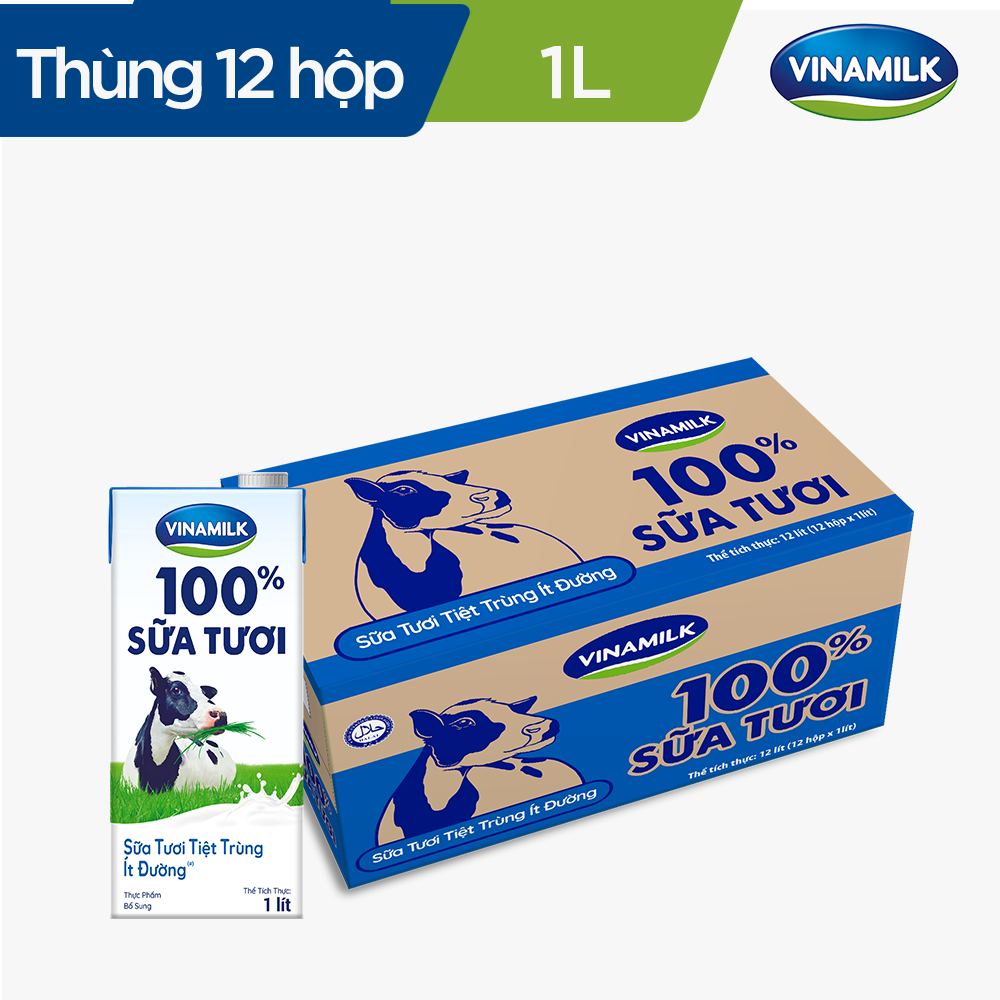 Sữa tươi tiệt trùng Vinamilk 100% ít đường - Thùng 12 hộp 1L