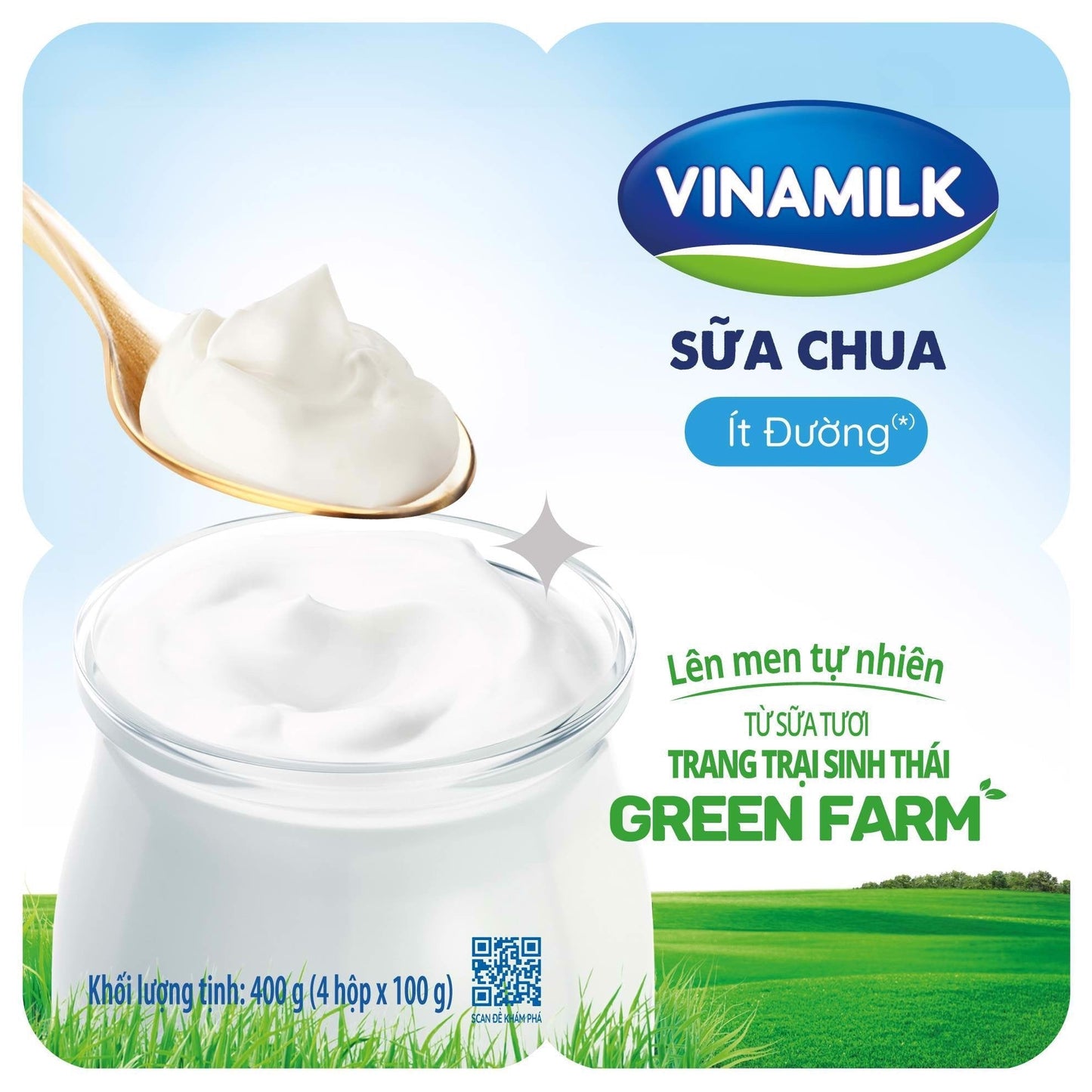 Sữa chua ăn Vinamilk Green Farm Ít Đường - Vỉ 4 hộp 100gr